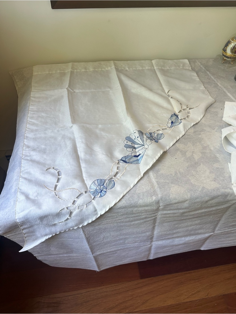 White with Blue Shell Embroidery Curtain Panels and Valences - Picture 5 of 8